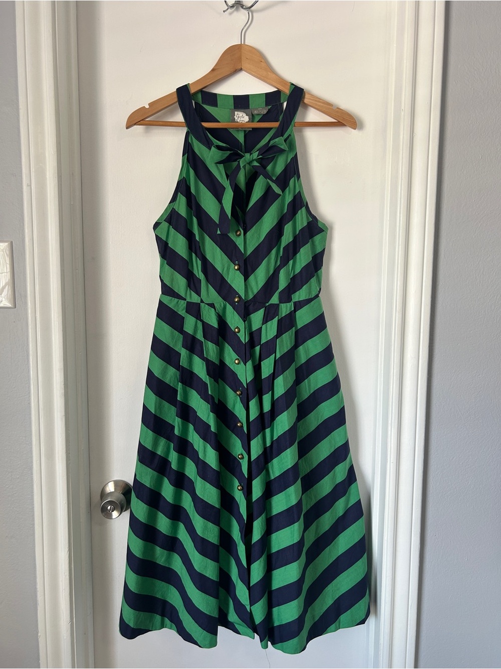 Striped Green and Navy Sleeveless Button-Front Dress - Anthropology